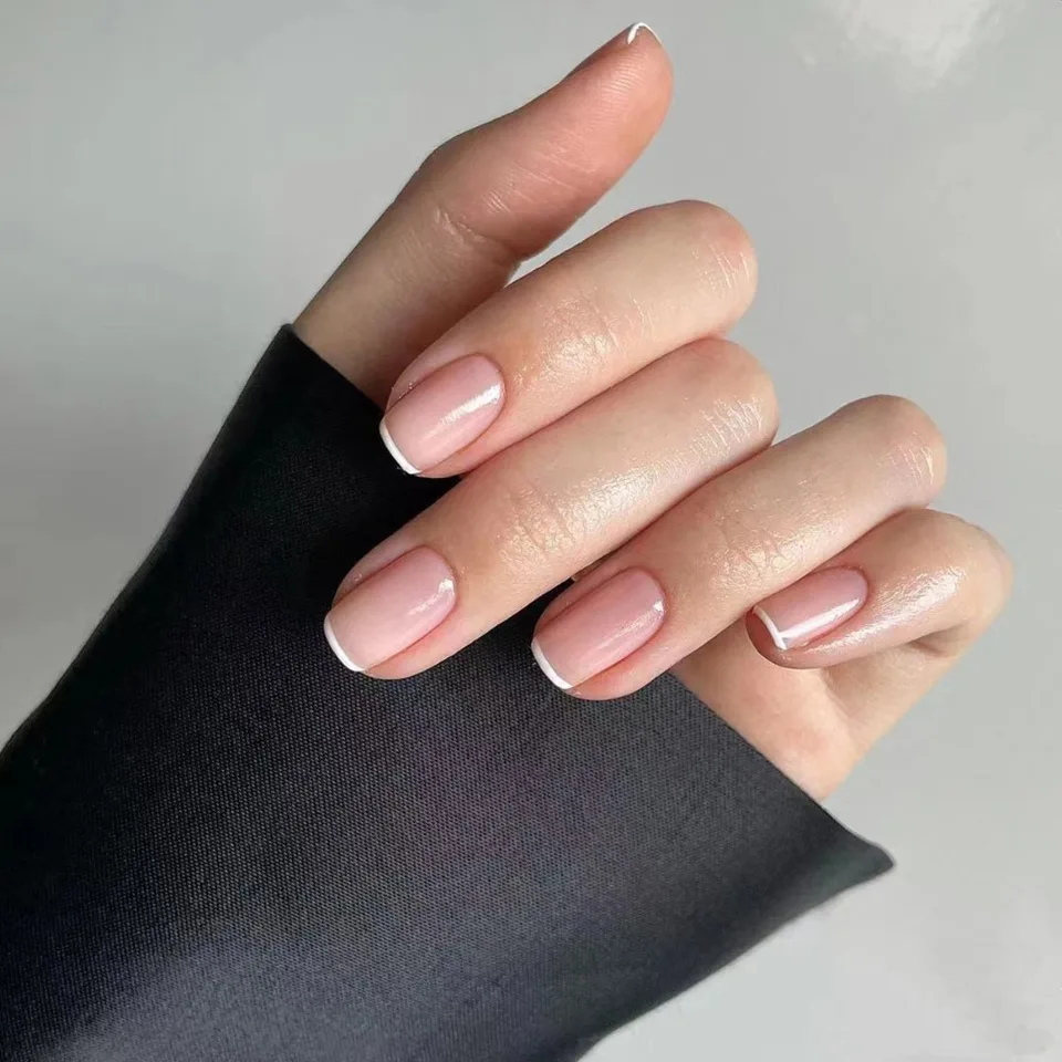 24 Piezas Uñas Postizas Cortas, Francesas Simples en Blanco, Cobertura Completa, Desmontables, Tips de Uñas Presionadas, Uñas Falsas 5