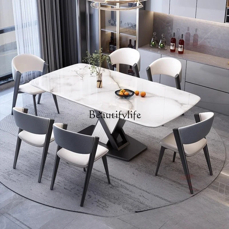 

55Modern simple light luxury supercrystalline stone dining table and chair combination rectangular bright rock slab dining table