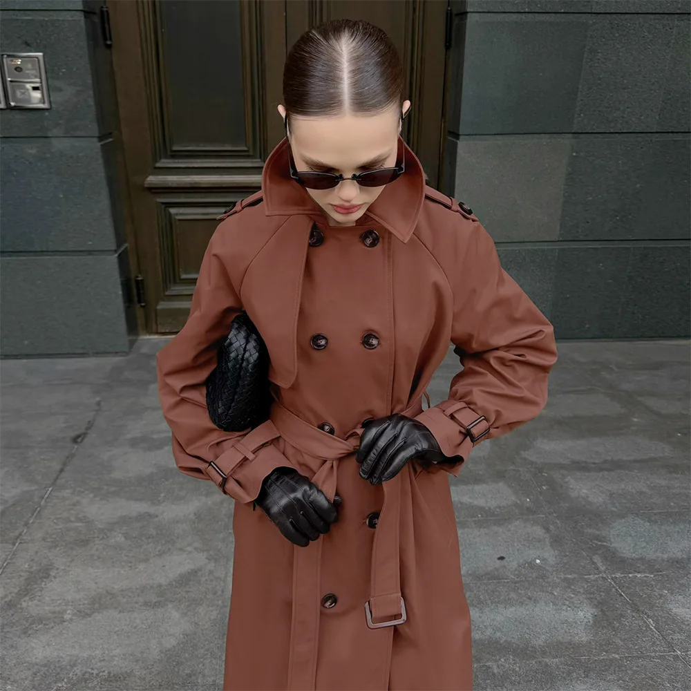 Women Long Trench Coat Autumn Winter  Stand Collar Double Breasted Belted Slim Fit Outerwear