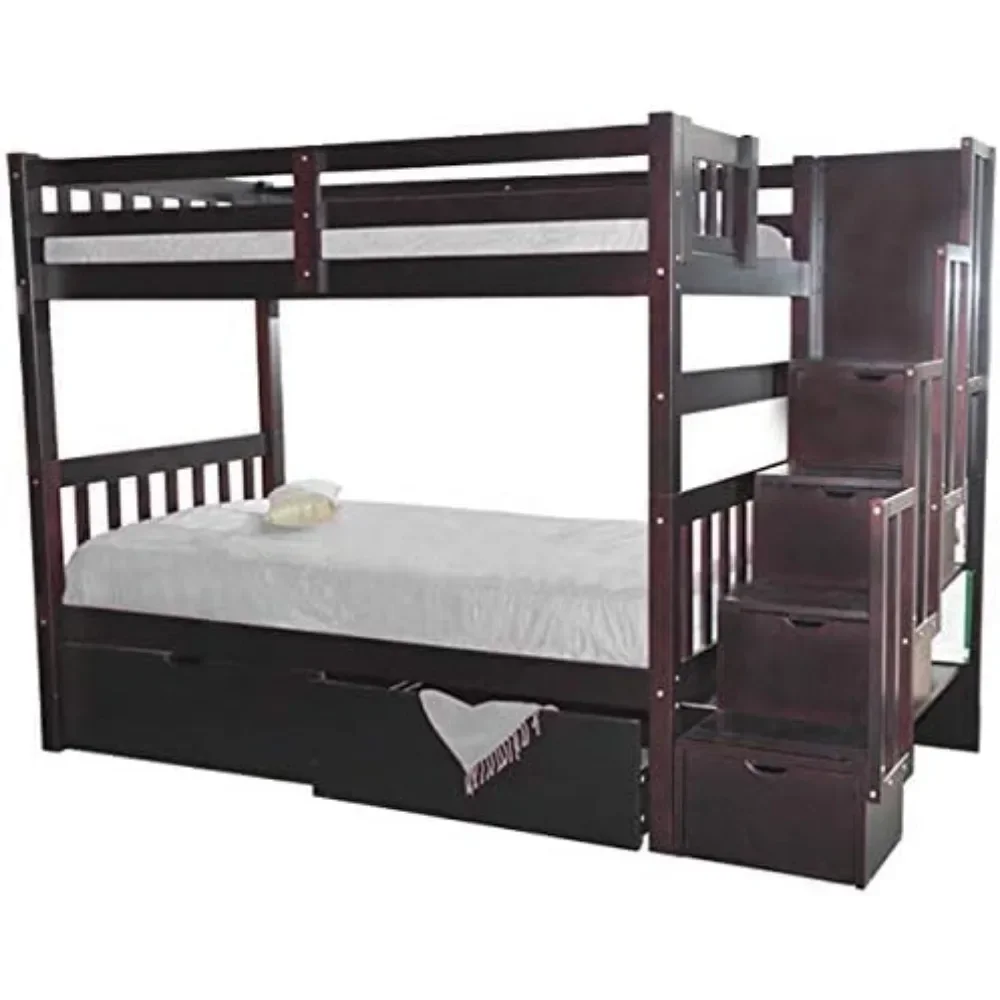

# Stairway Twin Over Twin Bunk Bed With Drawers Natural Solid Wood Natural Wood Durable Sturdy Long-Lasting Furniture #