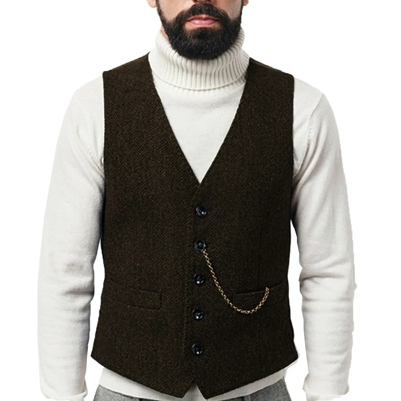 Gilet da uomo con scollo a V profondo gilet da uomo in lana a spina di pesce Slim Fit gilet da sposo per matrimonio