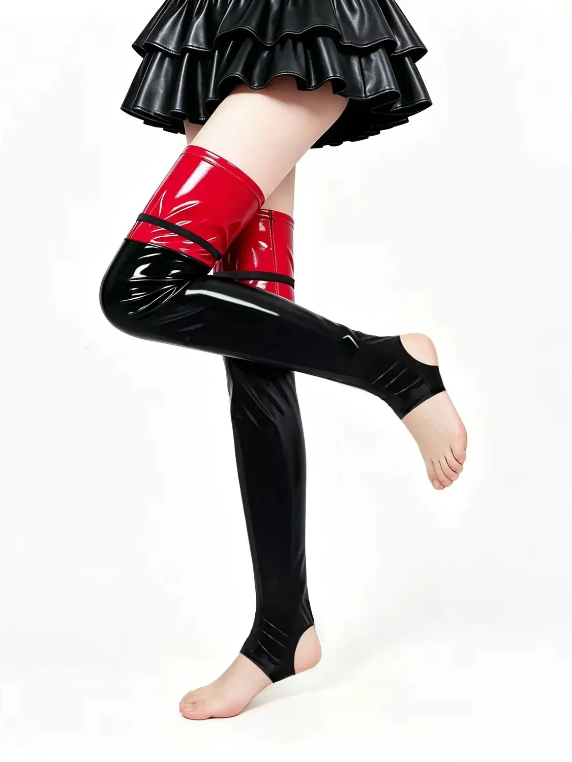Wet Look PVC Stirrup Socks Patchwork Shiny PU Leather Foot Stockings Over Kness Thigh High Medias Performance Calze Chaussette