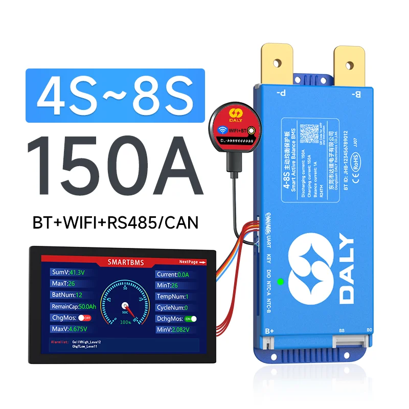 DALY Smart bms 4S 12V 8S 24V 16S 48V 100A 150A 200A LiFePo4 Actieve Balans BMS voor lithiumbatterij met LCD RS485 UART BT WIFI
