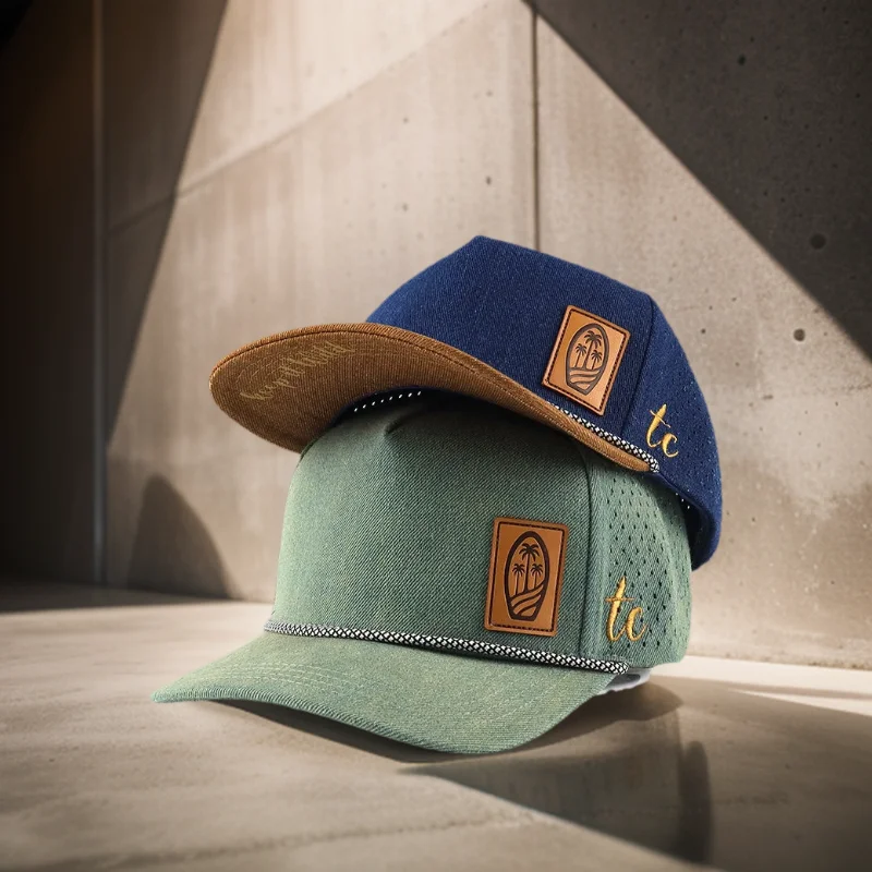 

Wholesale Custom High Quality 5 Panel Leather Patch Adult Structured Curved Brim Two Tone Rope Baseball Cap Denim Perforated Hat