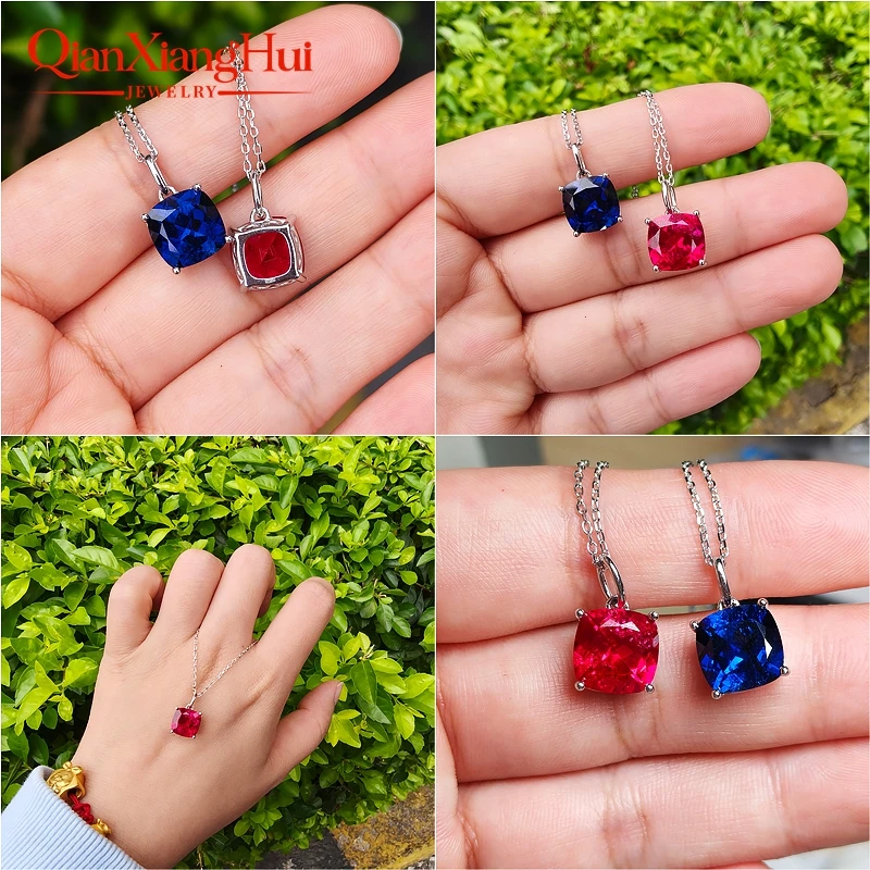925 Silver 4ct 9*9mm Cushion Royal Blue/Cornflower Sapphire Pigeon Blood Red Ruby Inclusions Stone Jewelry for Pendant Necklace