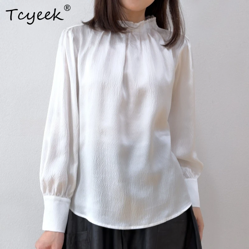 

Tcyeek 100% Real Silk Womens Tops 2026 Spring Exquisite Stand Collar Long-sleeved White Shirts Ladies Clothing Roupas Femininas