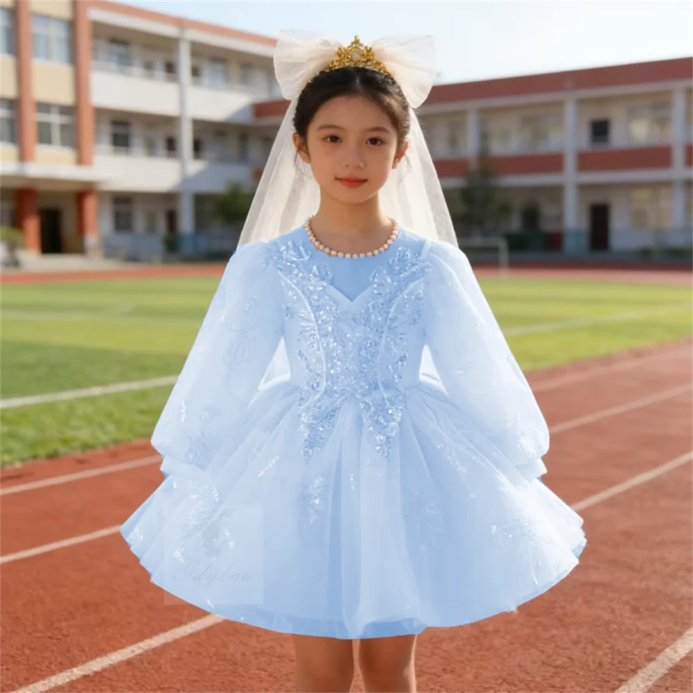 Girls Princess Long Sleeve Fluffy Flower Girl Dress Wedding Host Performance Kids Tulle Party Gown First Birthday Dress