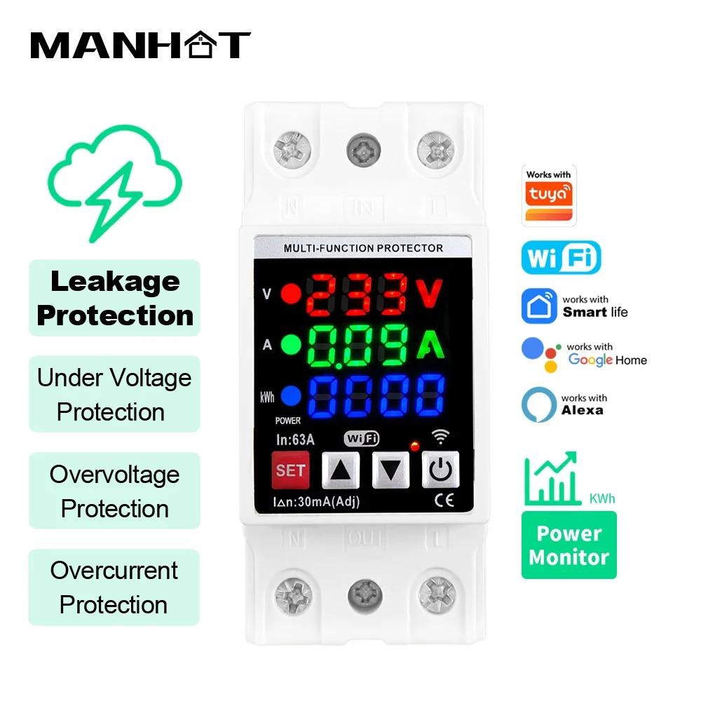 Manhot 2P 63A WIFI Smart Circuit Breaker Switch kWh Metering Circuit Breaker Timer With Voltage Current And Leakage Protection