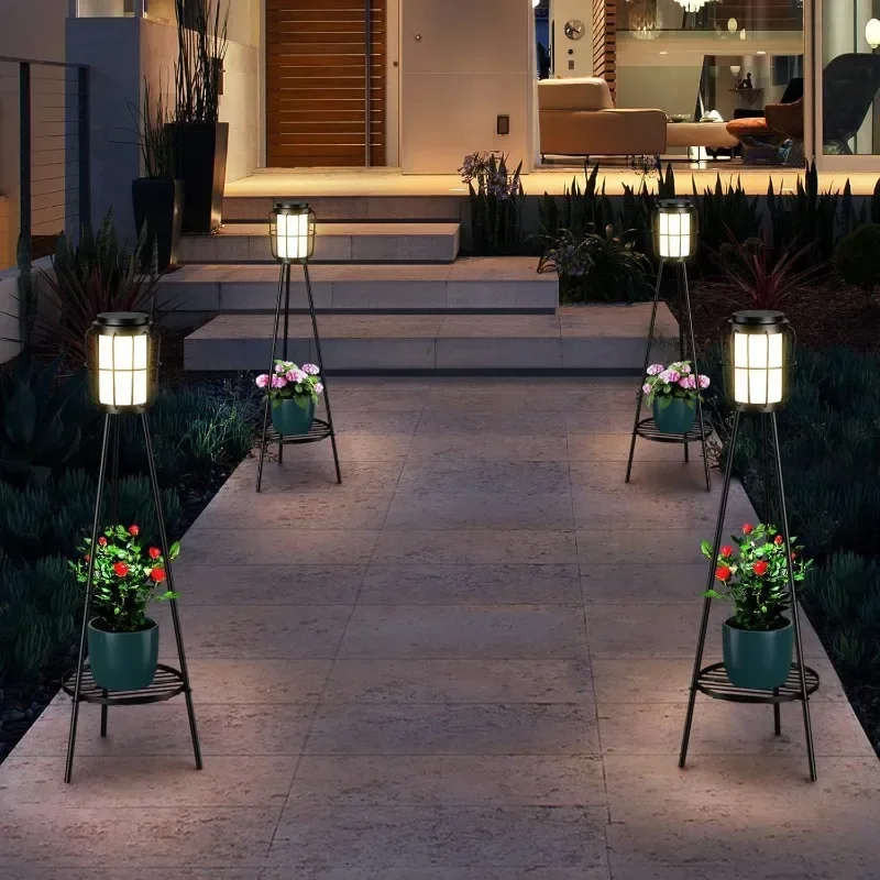 

2 Pack Outdoor Solar Lights with Plant Stand, Solar Floor Light, Solar Street Light Metal Tripod Deck Light