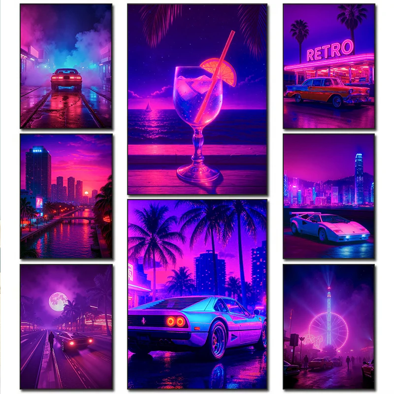 Klassisches Cyberpunk-Stadtlandschafts-Poster Sonnenuntergang Straße Nacht AUTO HAUS Diamantmalerei Drucke Wandkunst Bilder Wanddekoration