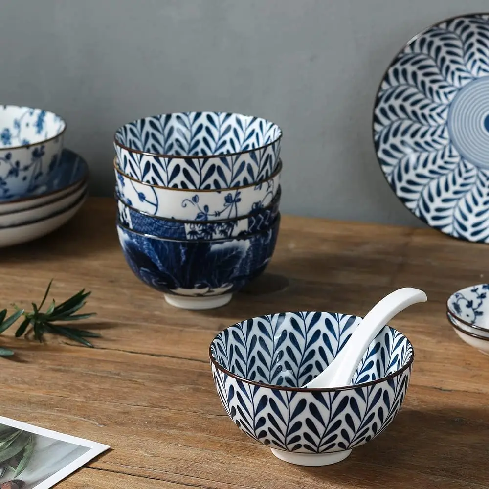 طقم أواني طعام بورسلين باللونين الأزرق والأبيض، أطباق، وعاء، ملعقة، عيدان تناول الطعام، خدمة لـ 1، طقم سيراميك مزجج ملون، صندوق هدايا P