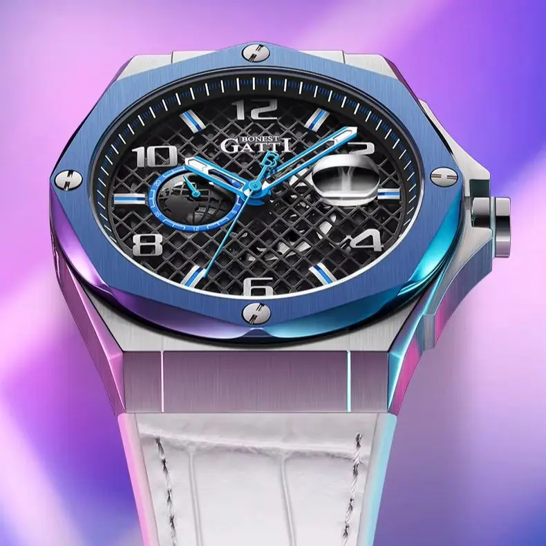 

BONEST GATTI Men Automatic Watch Vintage 47mm Mechanical Wristwatch Skeleton 50M Waterproof Sapphire Week Date