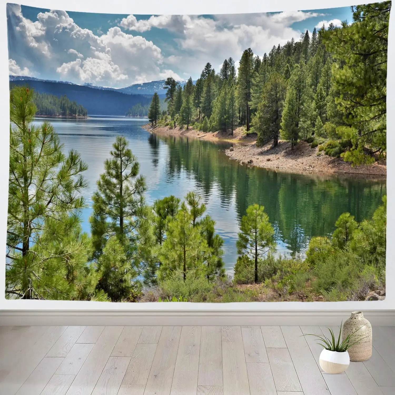 Forest Lake Tapestry Tahoe National Park Lakeside Green Trees Blue Sky Clouds Tapestry Summer Camping Wall Decor Home Bedroom