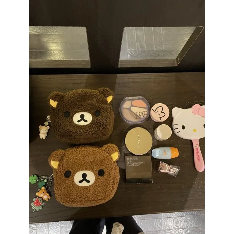 Cartoon Rilakkumas Storage Bag Polar Fleece Plush Coin Cash Earphone Storage Bag for Girls Boys Women Travel Camera Makeup Bag