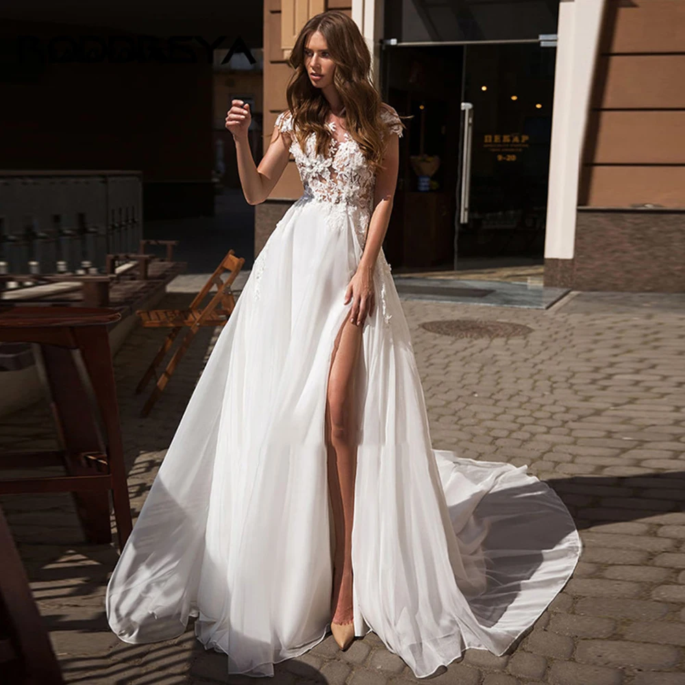 

Bobo Wedding Dress Fine Applique Short Sleeves Sheer Back Illusion Bridal Beach Marriage Dresses Bohemian Seaside Side Slit Gown