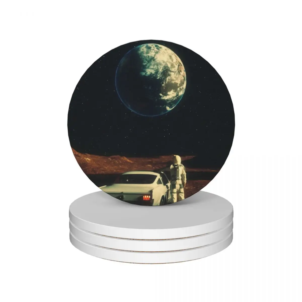 

Far From Home - Retro-Futuristic Marsian Astronaut Vintage Car Design Art Ceramic Coasters (Set of 4) Tea cups tile Coasters