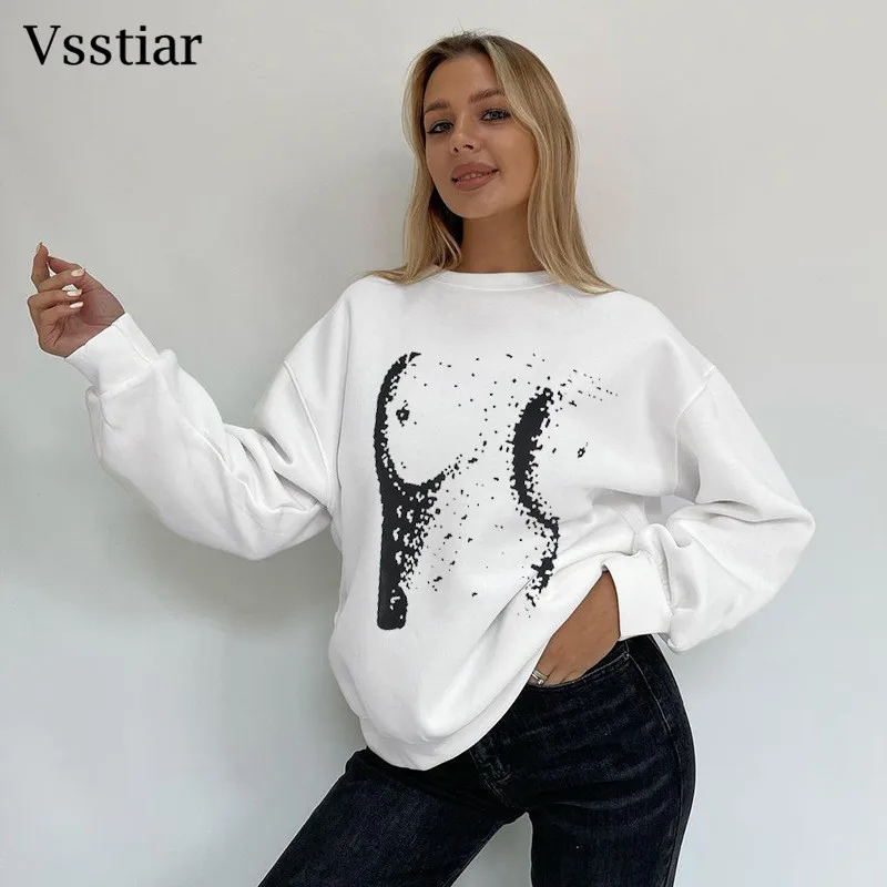 

Vsstiar Long Sleeve O Neck Casual Women Sweatshirts 2023 Fall Winter Printed Loose Pullovers Top Fashion Streetwear Clothing