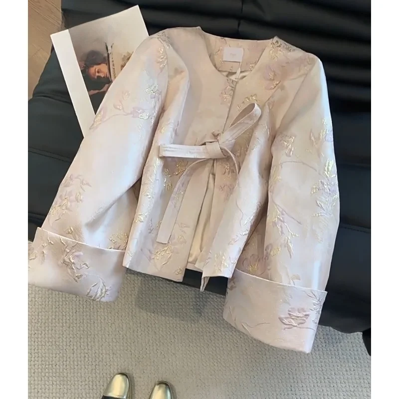 

Spring New Style Chinese National Heavy Embroidery Belted Long Sleeve Jacket Retro Anti-Aging Slimming Loose Top Women