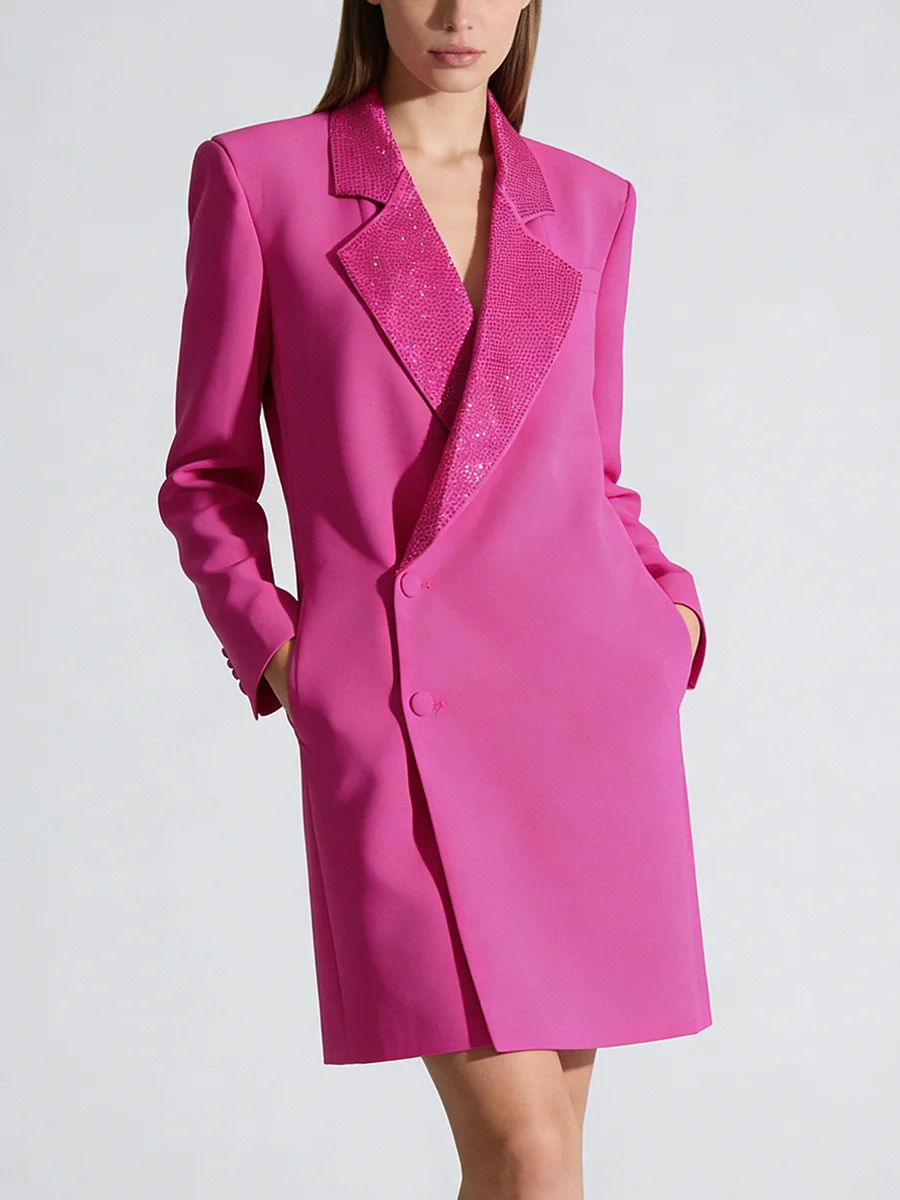 TWOTWINSTYLE Solid Slimming Spliced Hot Fix Fashion Long Blazers for Women Lapel Long Sleeves Tunic Minimalist Blazer Female New
