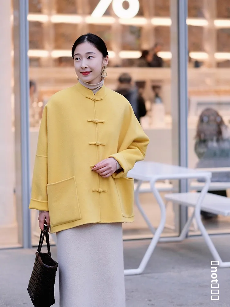 

Желтое шерстяное пальто в стиле ретро с поясом, осенне-зимнее, женское, для повседневной носки, длинное, с воротником-стойкой, в традиционном стиле