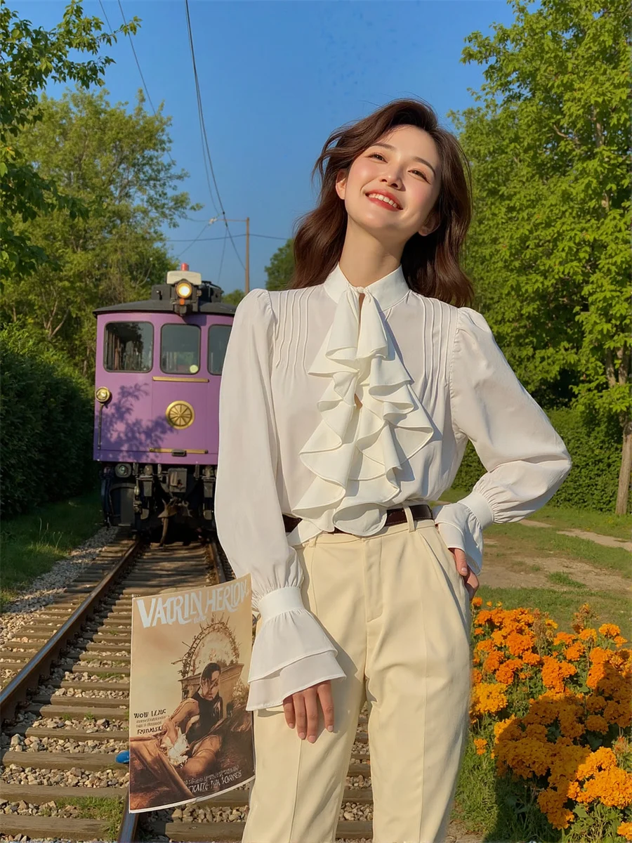 Koszule w stylu francuskim z falbankami, japońskie bluzki, świąteczne ubrania damskie, jesienne siateczkowe bluzki dla dziewcząt, designerskie, eleganckie, na weekend, szykowne.