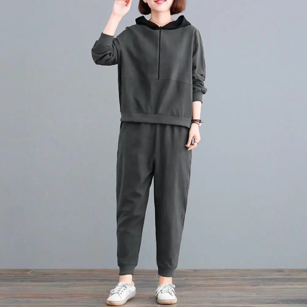 Women Casual Two-piece Set Women's Warm Hoodie Pants Set with Elastic Waist Ankle Bands for Fall Winter 2-piece Tracksuit