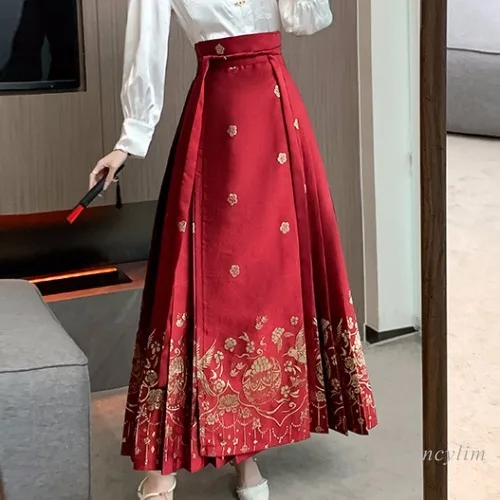 2024 Spring Autumn New Chinese Style Horse-Face Skirt for Women National Style Skirts Faldas Largas