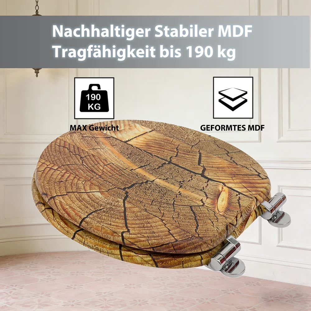 SINOBATH WC-Sitz mit Soft-Close-Funktion, WC-Sitz aus Holz, universeller Toilettensitz, langlebiger, stabiler MDF-Toilettensitz, belastbar bis 190 kg, einfache Installation, Zinklegierungsscharnier, antibakteriell und leicht zu reinigen – Detail 4