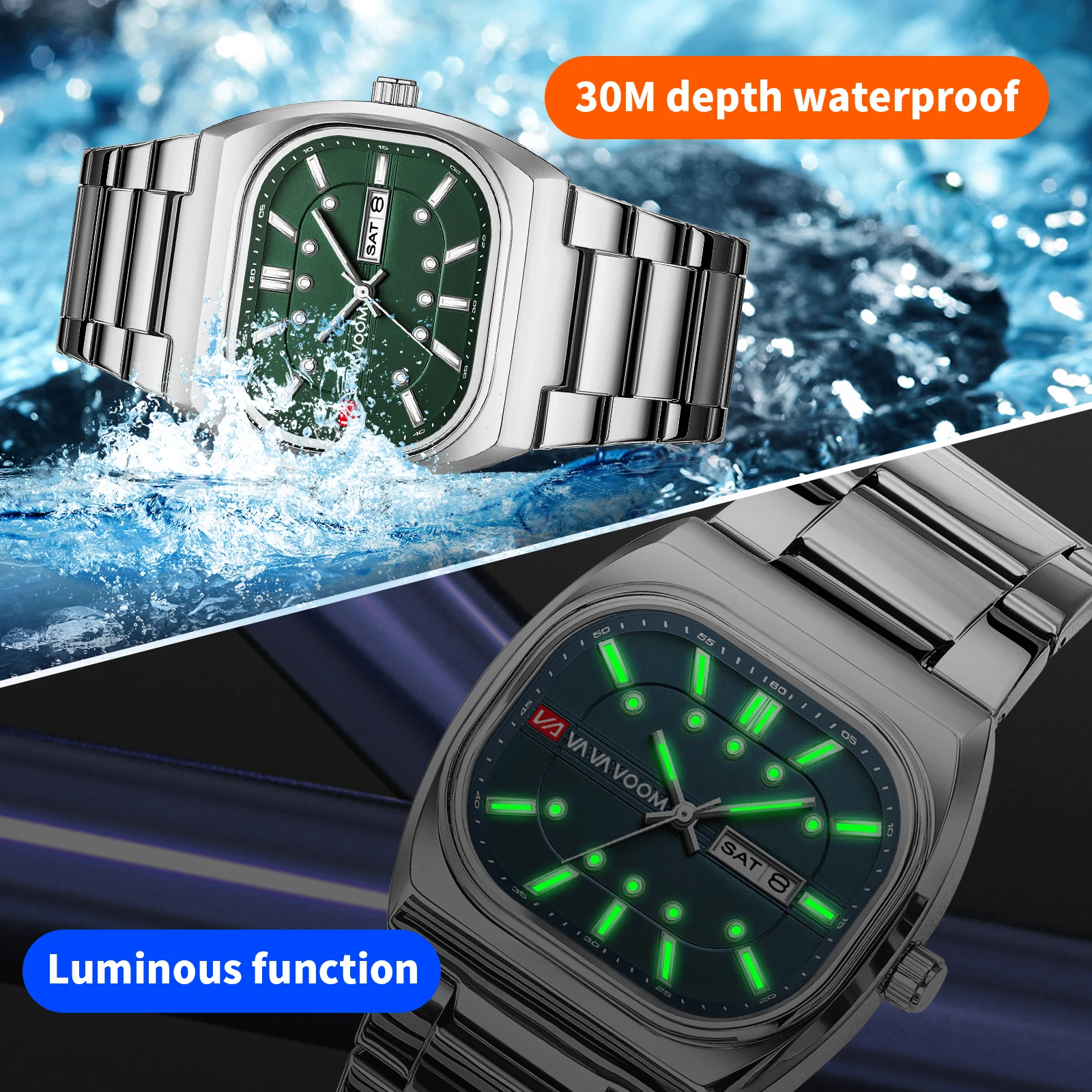 VA VA VOOM Men Quartz Watch Stainless Steel Strap 40mm Rectangular Dial 3Bar Waterproof Fashion Business Fashion Watch Relogios