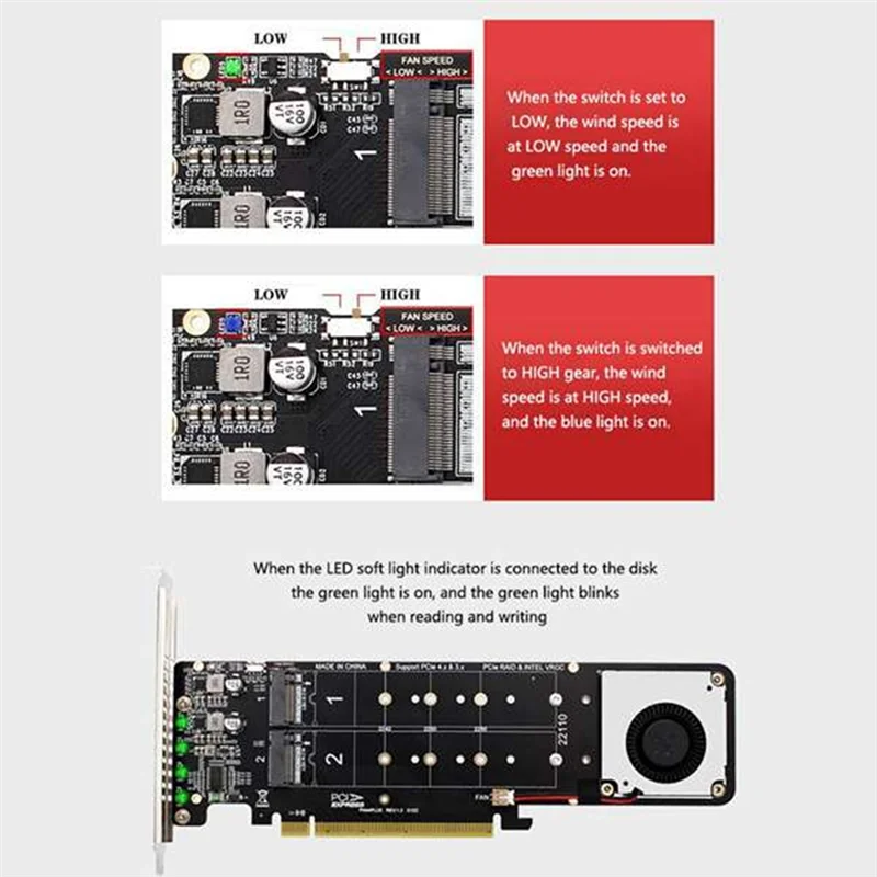 AU32-Double-Sided 4-Disk NVME Raid PCI-E X16 Split Card PCI-E X16 to M.2 M-Key NVME X4SSD RAID Expansion Card Adapter