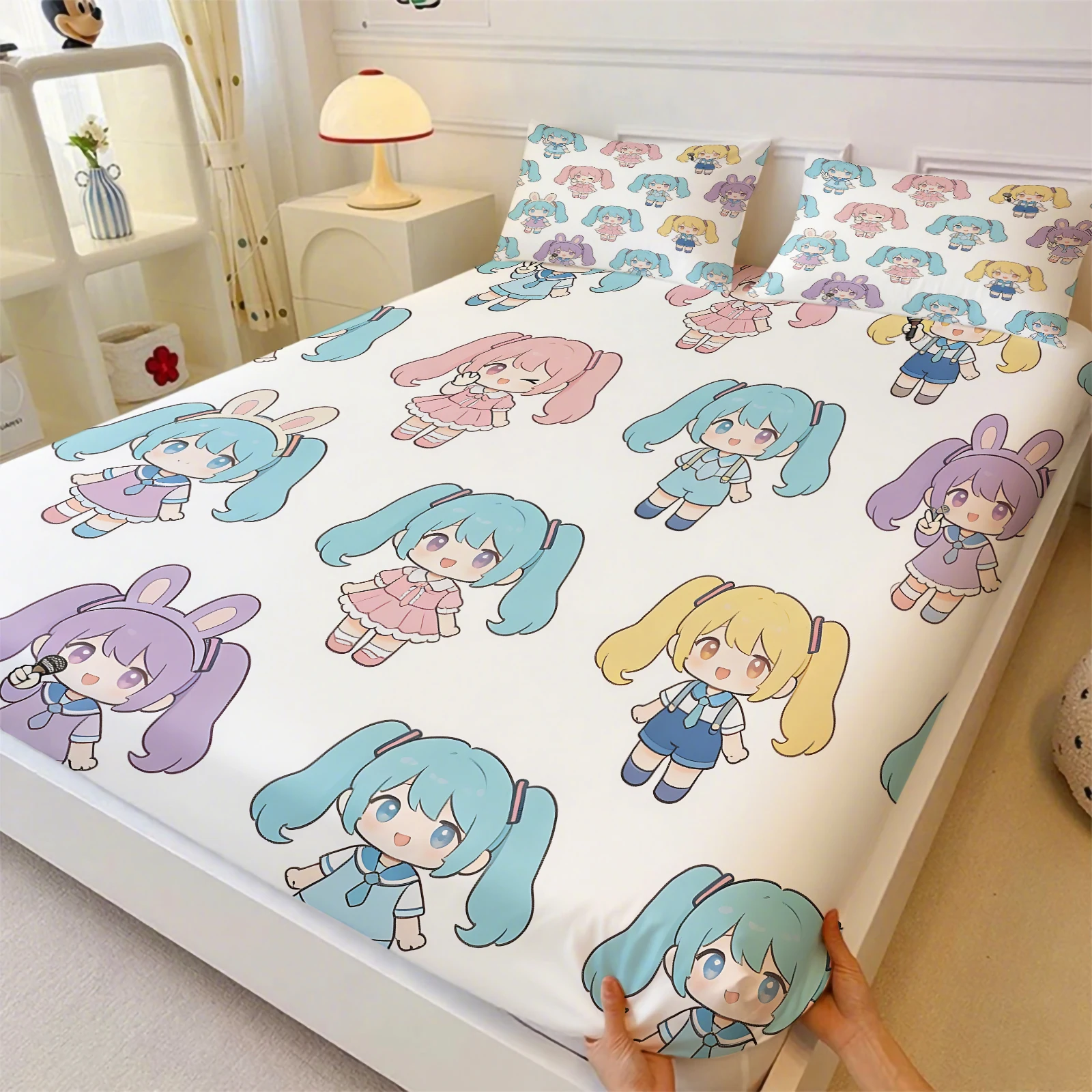 3-teiliges Hatsune Miku Chibi-Style Spannbettlaken-Set, Niedliche Anime-Bettwäsche mit Kissenbezügen, Tiefe Taschen, Teenager-Zimmer-Deko, Geschenk für Fans – Detail 12