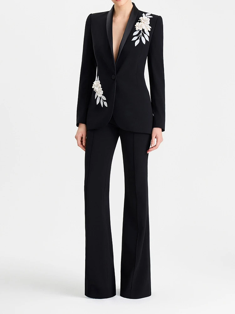 Women's Luxury Floral Embroidered Black Pantsuit Slim Fit Blazer And Pants Set Single Button Formal Two Piece Suit Elegant Eveni
