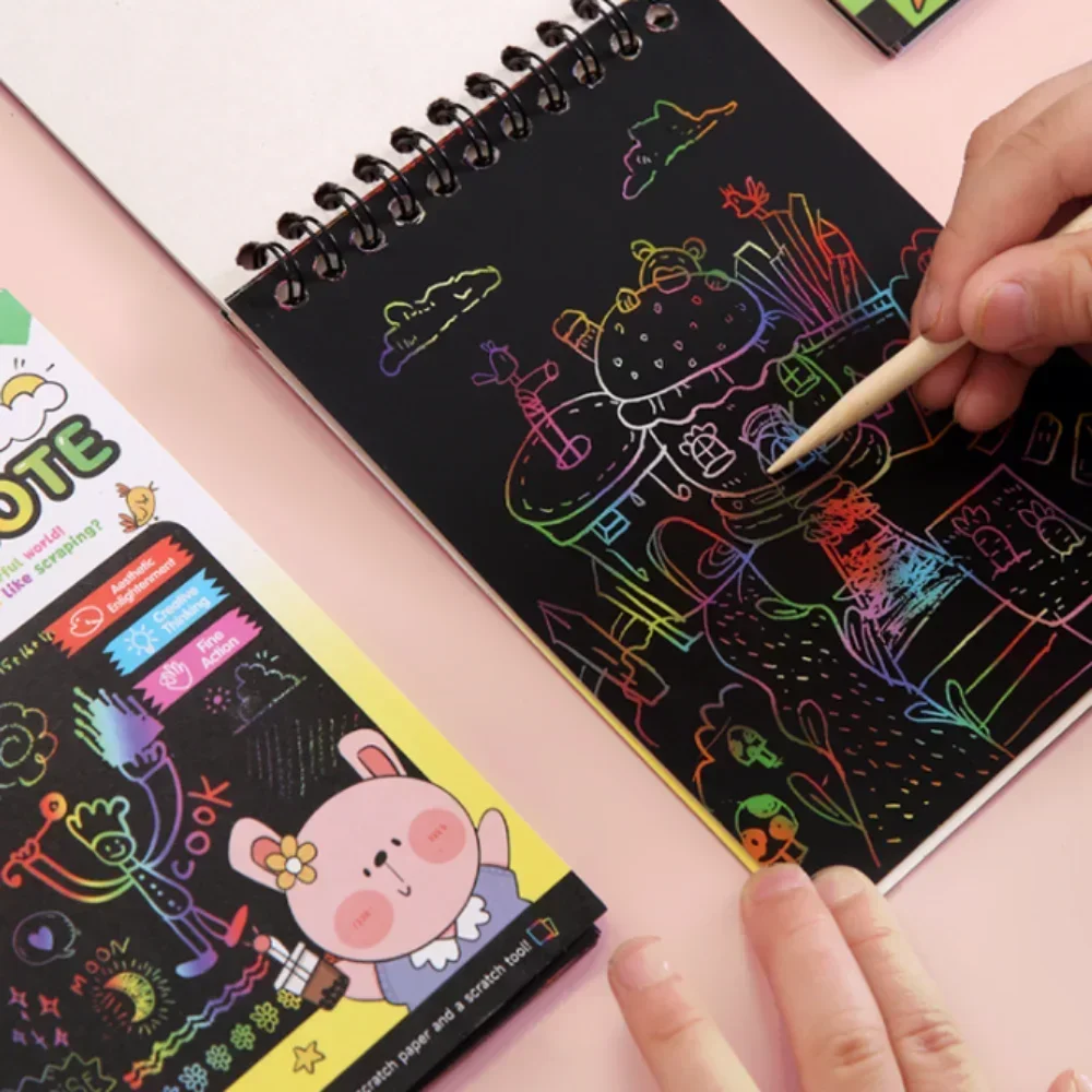 DIY Rainbow Art Paper Rainbow Scratch Paper Children's Art Book Black Card Neon Scratch Book with Wood Stick Kids Drawing Toys