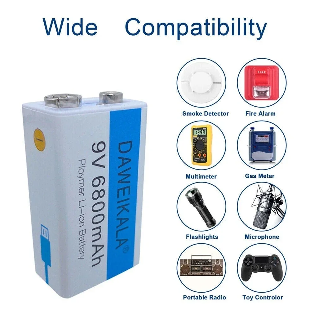 New 9V 6800mAh Li-ion Rechargeable Battery with Micro USB Charging for Multimeter, Microphone, Toys, Remote Controls, KTV Use