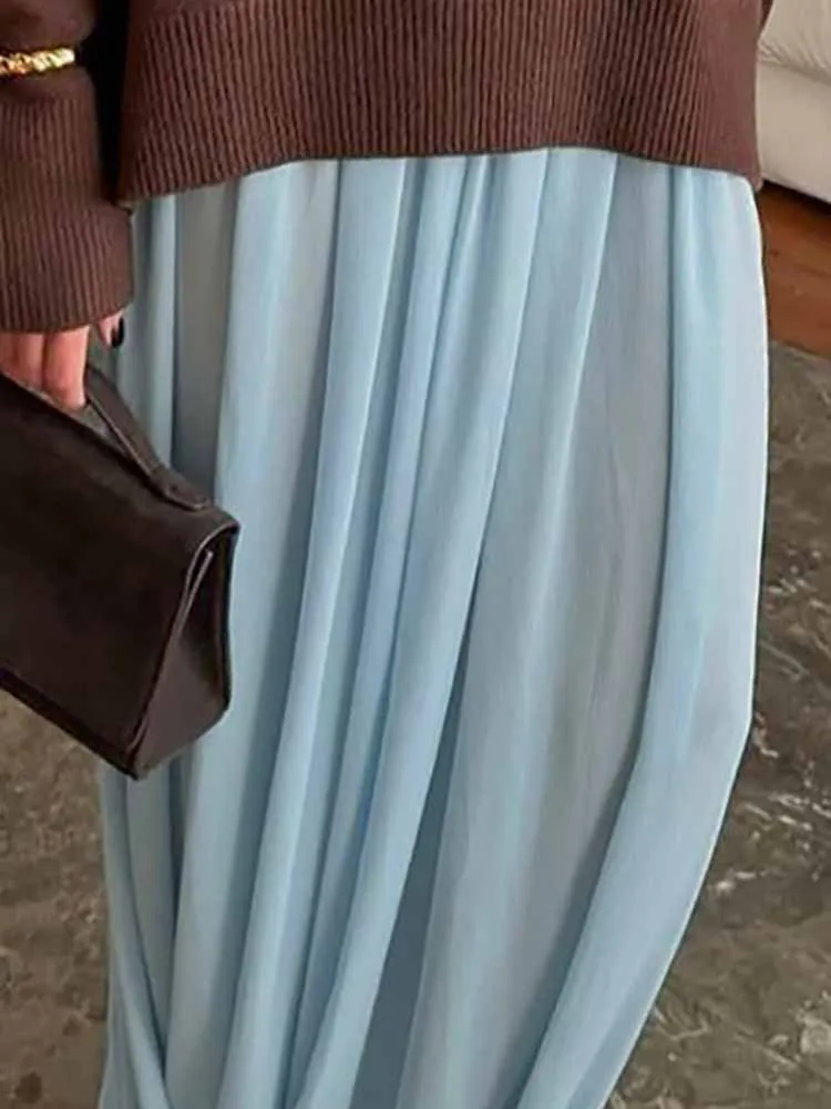 

Woman Casual Elastic Waist Straight Skirt Female Fall Street Chic Loose Skirts Commuting Elegant Chiffon Blue Split Long Skirts