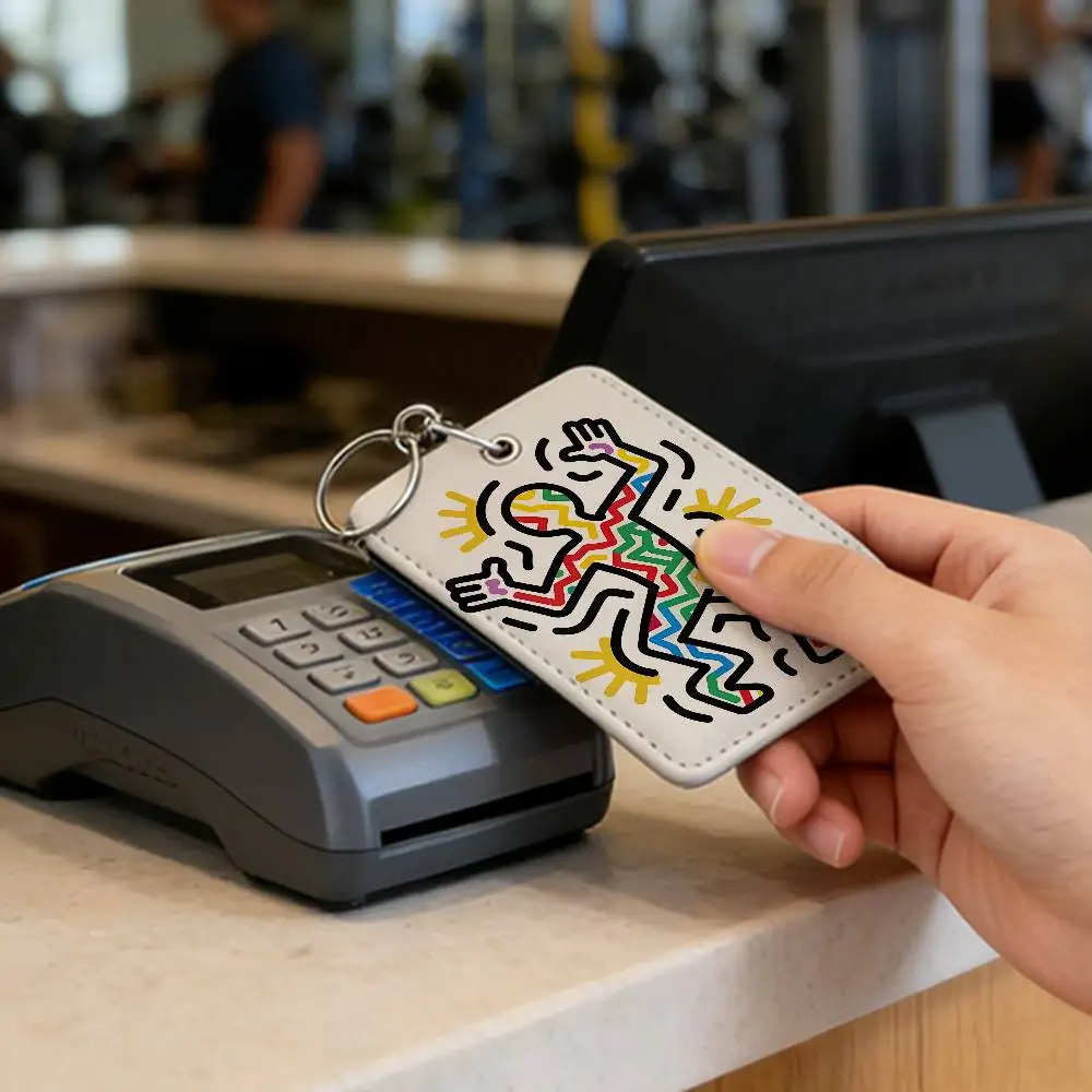 Pop Art K-Keith Haring Rectangle ID Card Case Keychain Access Card Bag Key Tag Ring Leather Card Holder Key Ring Access - view 6