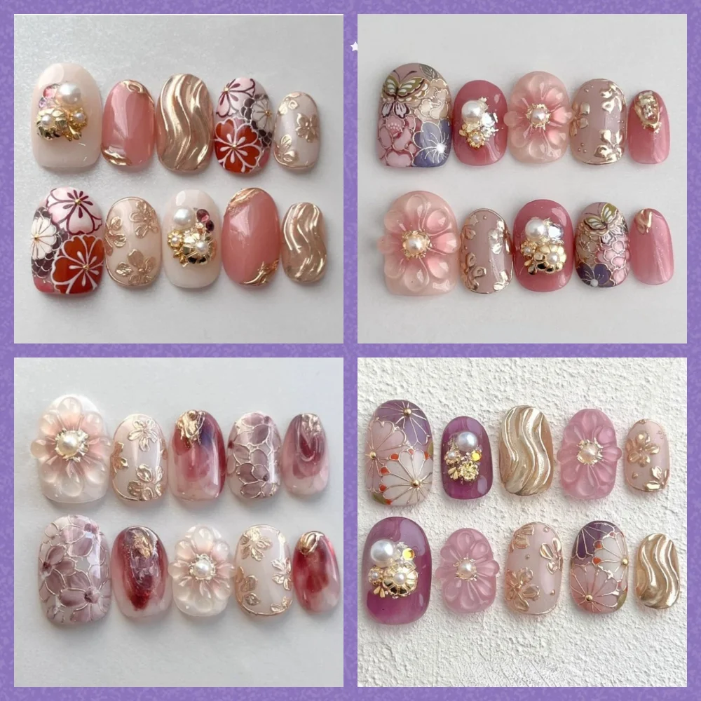 10 Pcs Handmade Spring/Summer New Press On Nails Painting Flowers Pearl Fasle Nails 3D Japanese Style Nails Fake Nails with Set