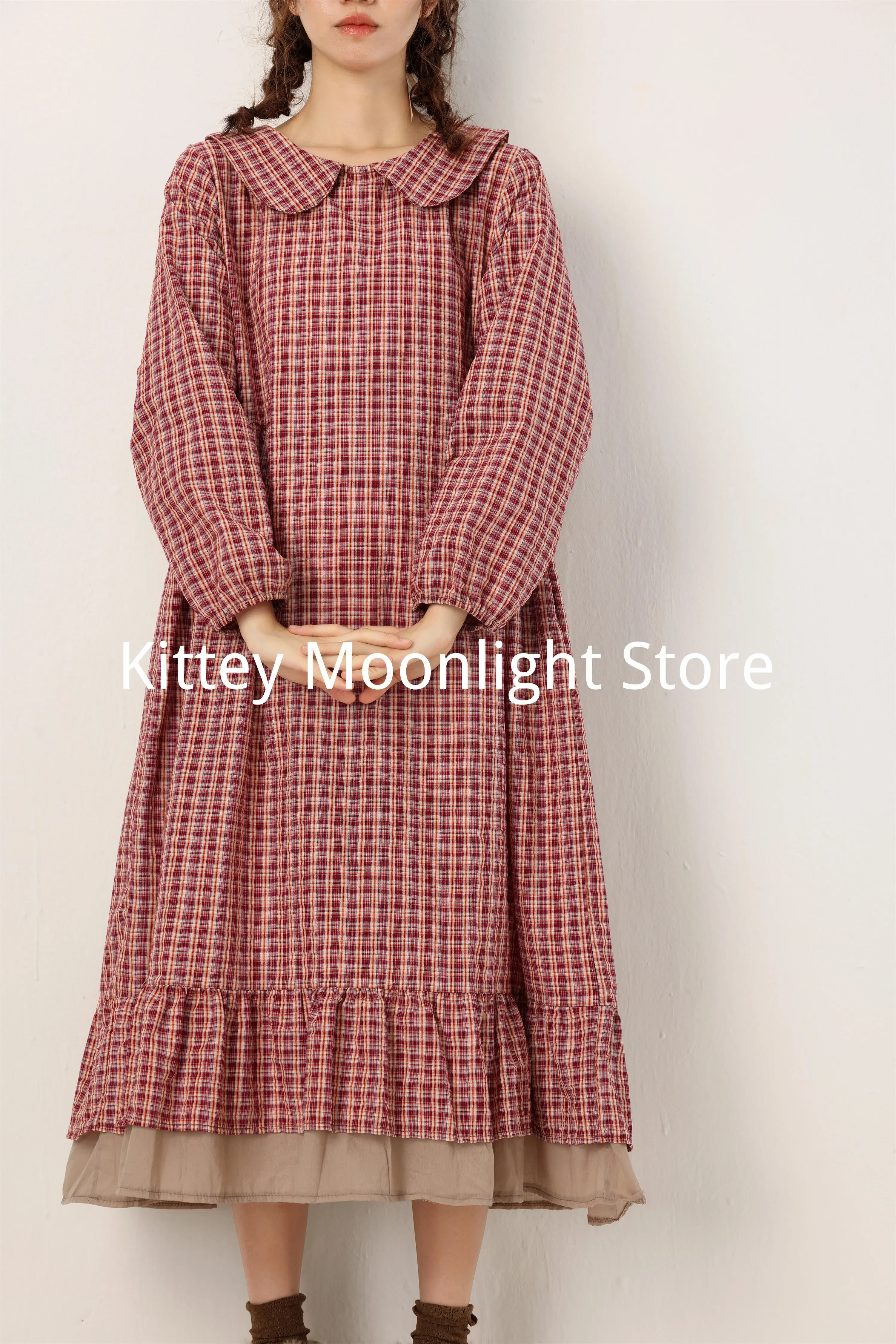 Vintage Plaid Mori Girl Dresses Women Autumn Japanese Sweet Doll Collar Long Sleeve A-line Dress Elegant Ruffles Female Vestidos