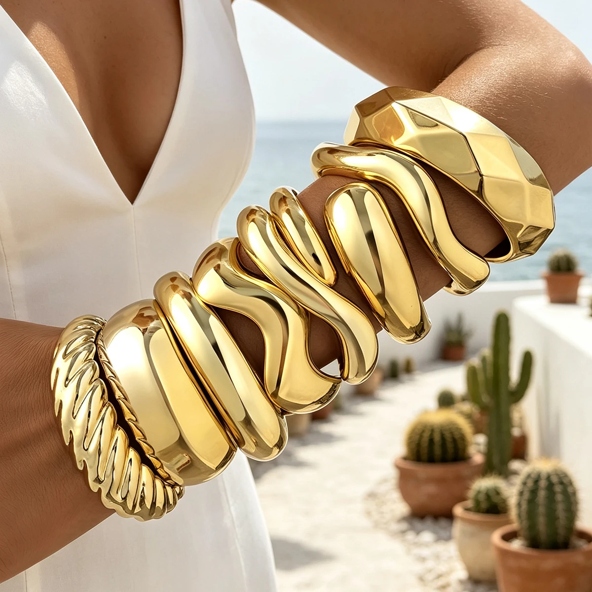 8-teiliges Vintage Elegantes Böhmisches CCB Leichtgewichtiges Welliges Offenes Armreif-Set für Frauen, Tägliche Urlaubsbekleidung, Stapelbarer Schmuck, Geschenk – Detail 3