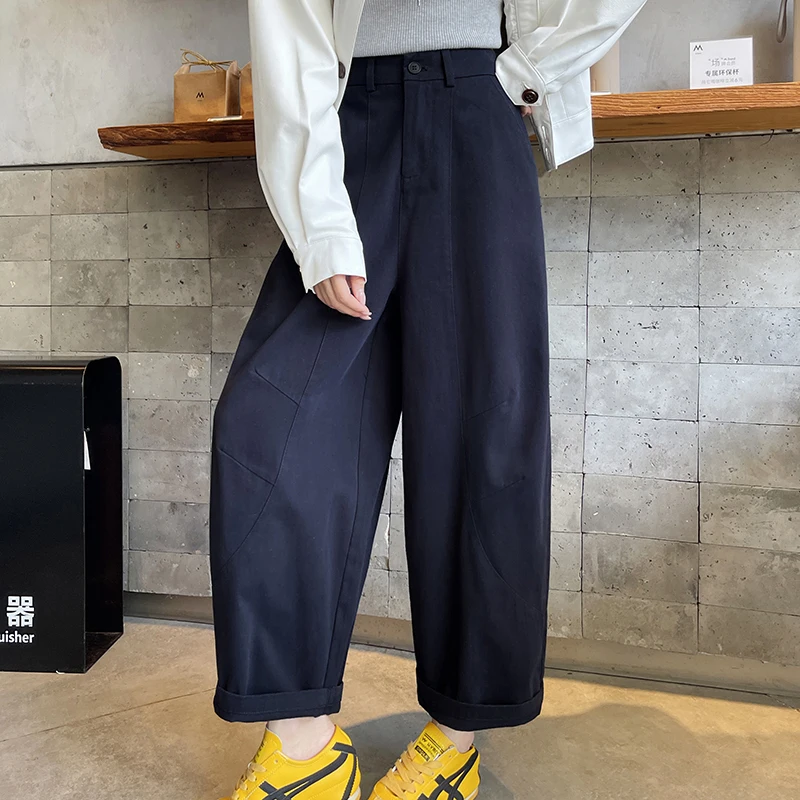 Vintage Elastic Waist Pants Women High Waist Wide Leg Ankle-length Black Pants Female Korean Fashion Zip Up Harem Pants Girls
