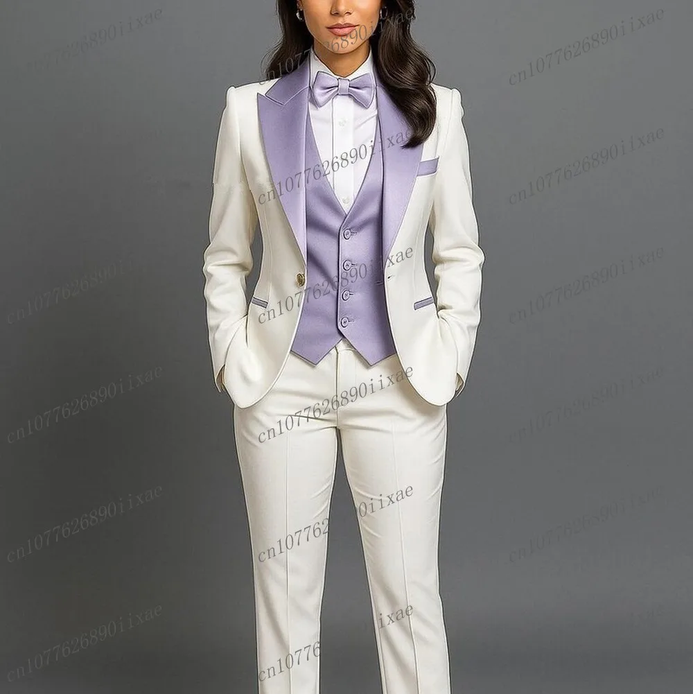 

White And Light Purple Women Suits Lady Business Office Tuxedos Mother Wedding Party Formal Ladies 3 Piece Set Jacket Vest Pants