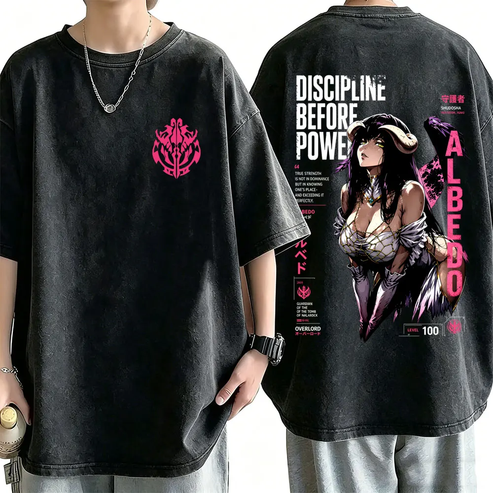 Washed Vintage Anime Overlord Albedo Discipline Before Power Graphic T-shirt Men Women Cartoon Manga Harajuku T Shirt Streetwear