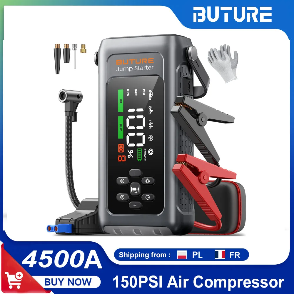 BUTURE 4 in 1 4500A Jump Starter 150PSI Tire Inflator Pumps 18W Fast Charging 16000mAh Portable Power Bank Car Starting Device