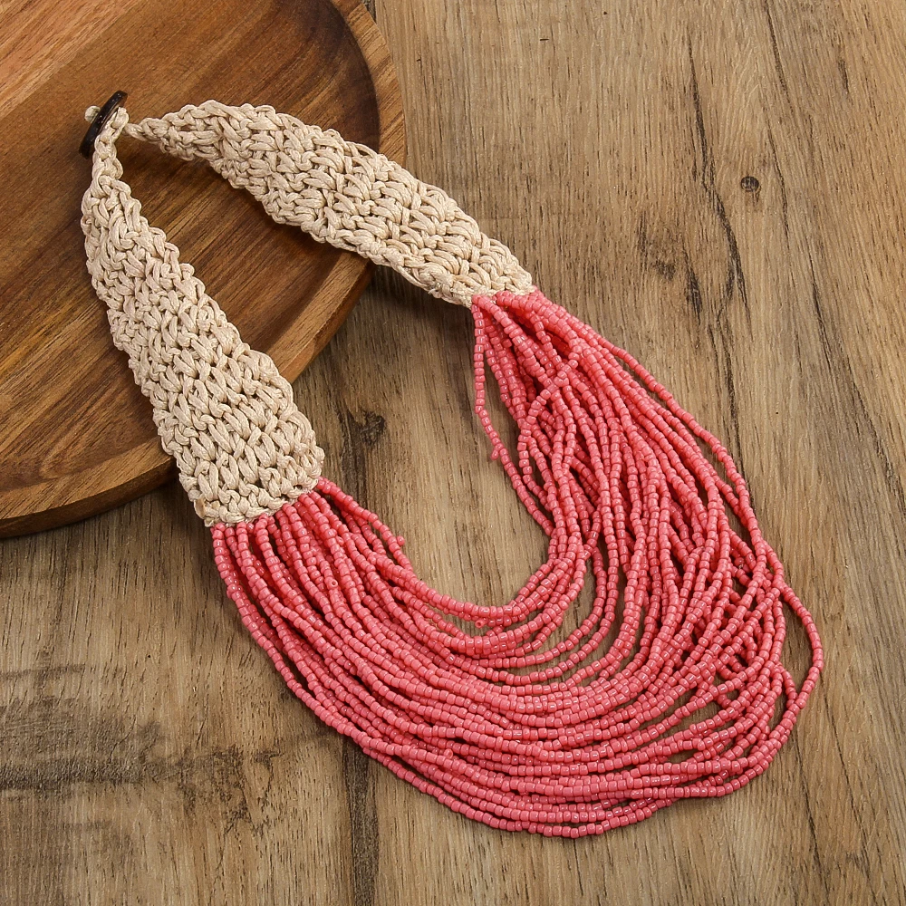 Western fashion retro Bohemian ethnic style exaggerated women\'s necklaces multiple layers hand woven rice bead wax rope necklace