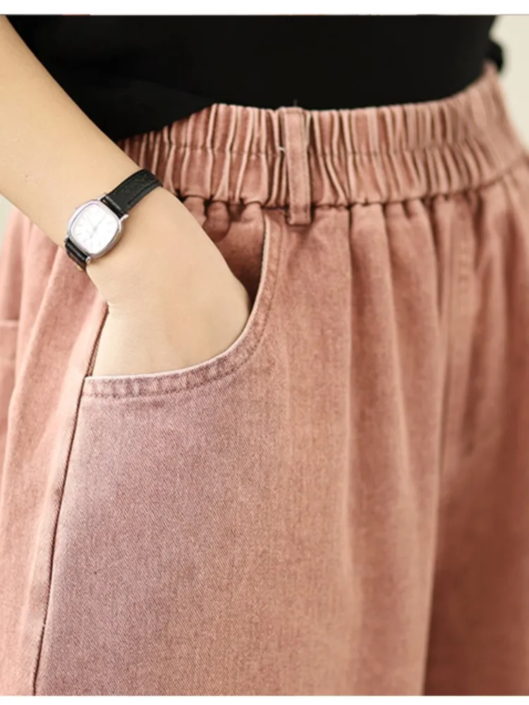 가을 겨울 벨벳 와이드 레그 청바지 여성 캐주얼 탄력 높은 허리 바지 여성용 핑크 데님 바지 루즈핏 여성 바지