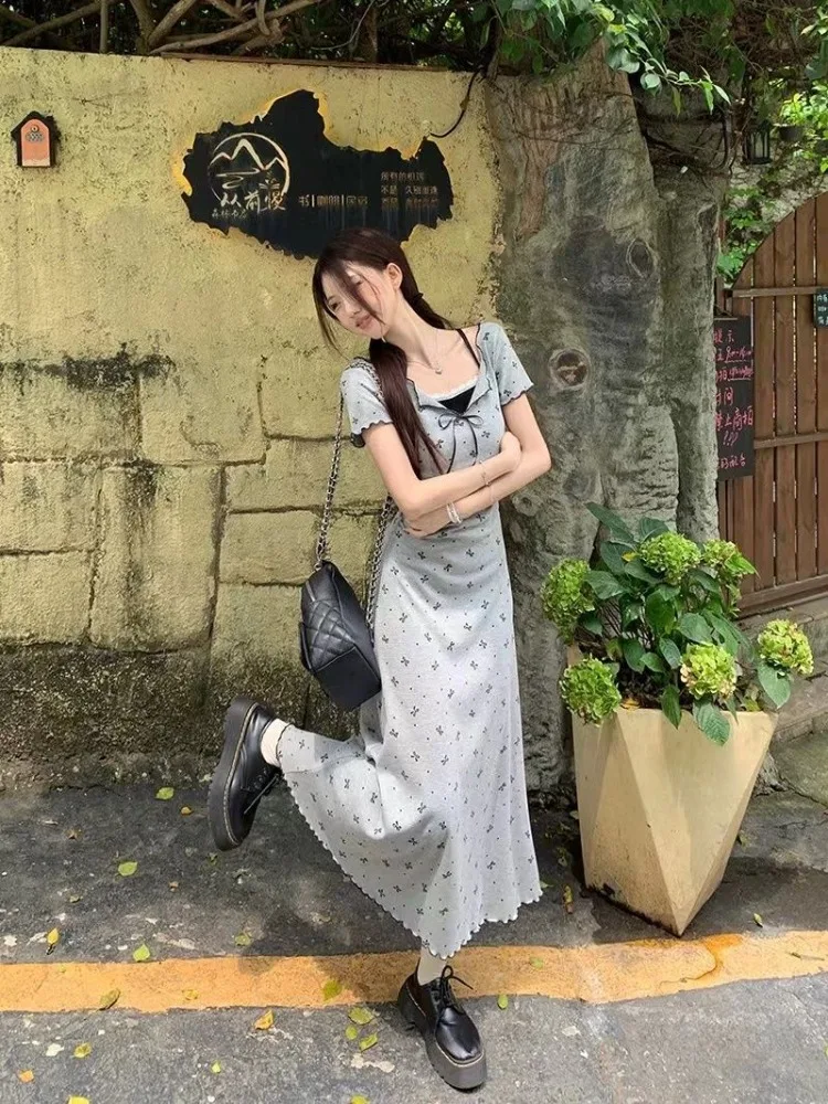 여성용 플로럴 반팔 드레스, 활 레이스 패치워크, 슬림 A 라인, 한국 스타일, 레저 올매치, 데일리 스위트, 페이크 2 개, 여름