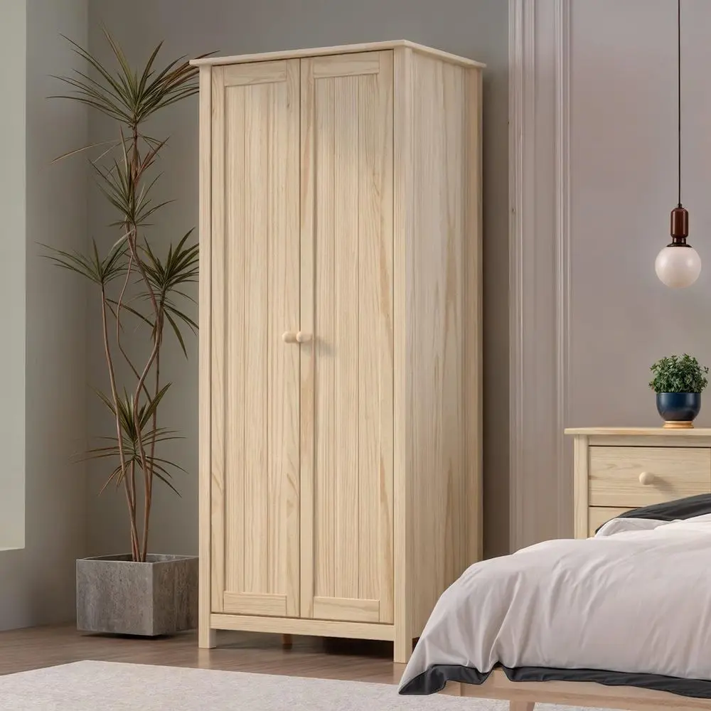 

Two-Door Solid Wood Wardrobe with Adjustable Shelves - Tall Unfinished Bedroom Storage Cabinet