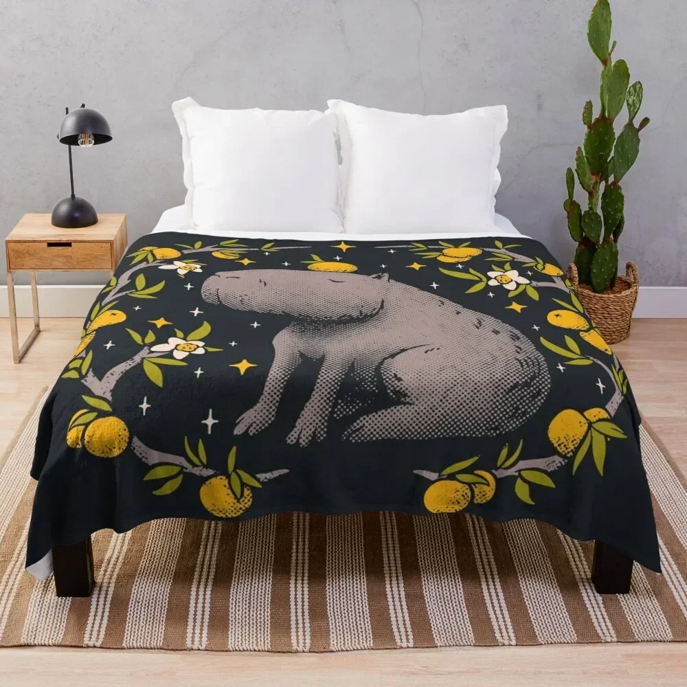 

Capybara Cottagecore Aesthetic Chilling With Orange on Head | Goblincore Capy Yuzu Citrus Fruit Blossom Flowers Me Throw Blanket