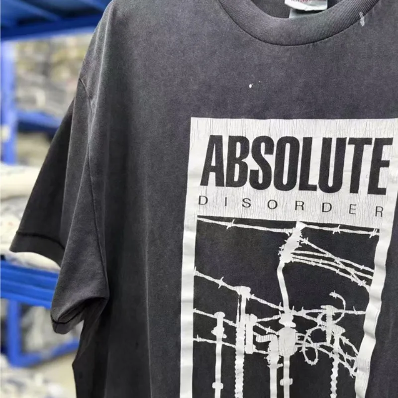 Nail Crack Print Saint Tshirts Retro Splashed Ink Wash Round Neck Short Sleeve Summer Street Loose Men Women Top Tees Outfit