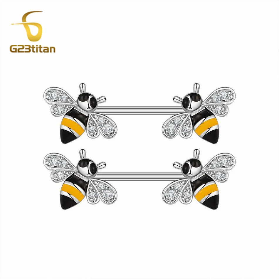 Cute Bee Shape 2pcs Nipple Rings Titanium Or Steel Barbell Nipple Piercings Charm Accessory Women Body Shield Bar Jewelry 14G